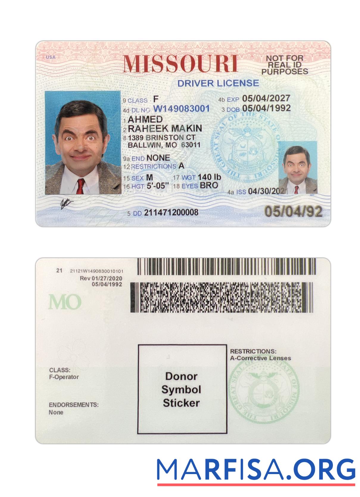 Blank USA Missouri driving license 2021 present download for verification